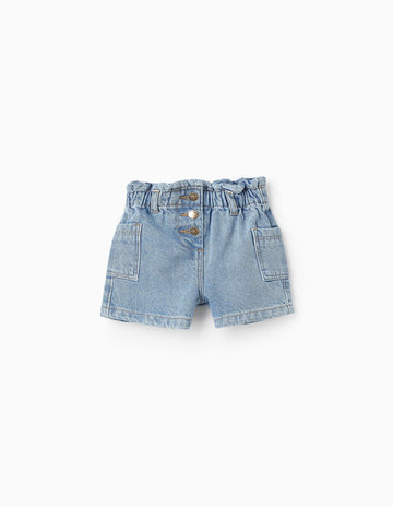 Bermuda Vaquera con Cintura Paperbag para Bebé Niña, Azul