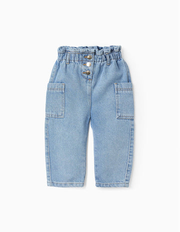 Pantalón Vaquero con Cintura Paperbag para Bebé Niña, Azul