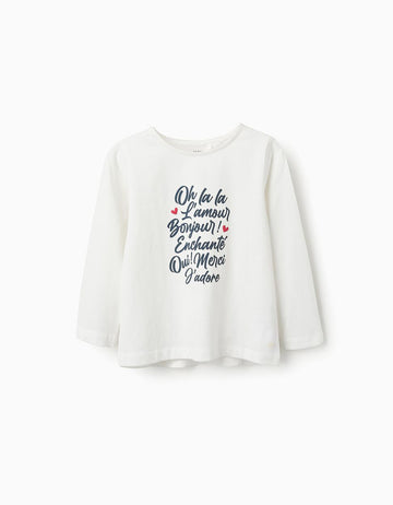 Camiseta de Manga Larga de Algodón para Niña 'Oh La La', Blanco