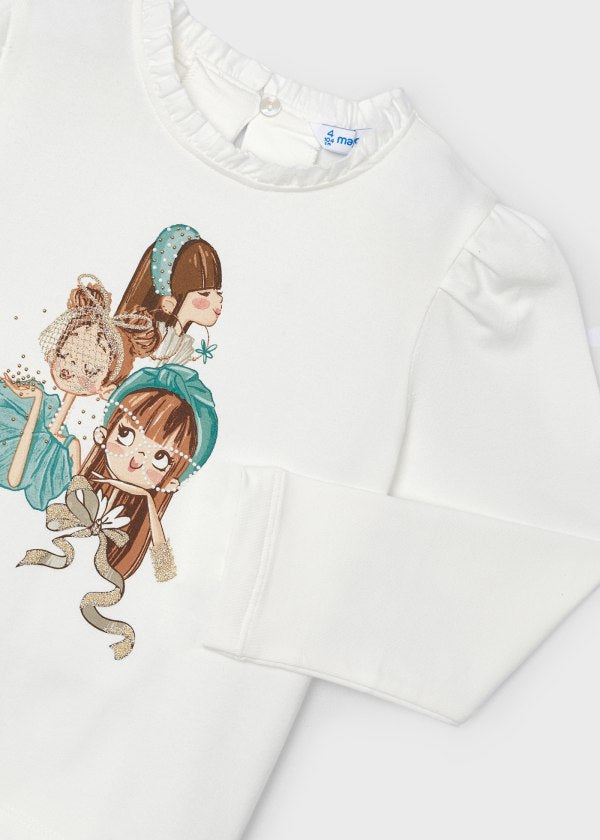 Camiseta dibujo volante cuello niña