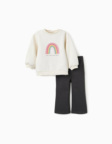 Sudadera + Pantalón Perchado para Bebé Niña 'Arcoíris', Blanco/Gris Oscuro